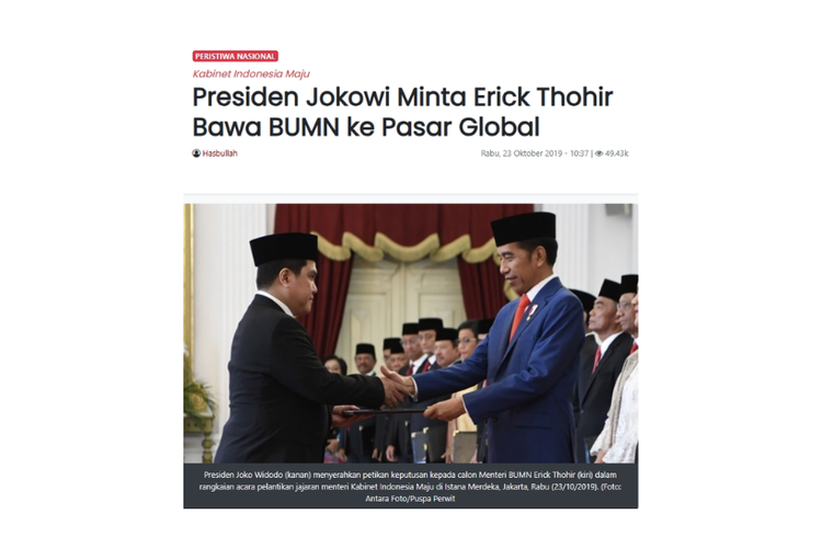 Tangkapan layar artikel Times Indonesia, 23 Oktober 2019, penunjukkan Erick Thohir sebagai Menteri BUMN