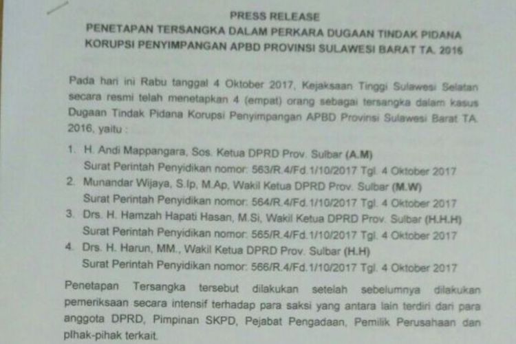 Rilis penetapan Ketua dan tiga Wakil Ketua DPRD Sulawesi Barat sebagai tersangka korupsi.