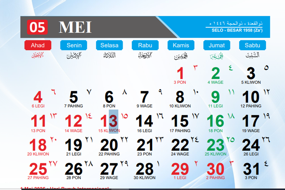 Kelender Mei 2025. Jadwal puasa sunnah yang bisa dijalankan oleh umat Islam di bulan Mei 2025. Tanggal 1 Mei hari apa? Cek libur Nasional SKB 3 Menteri