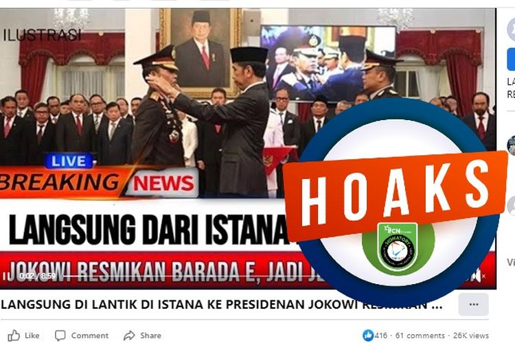Tangkapan layar Facebook narasi yang menyebut bahwa Bharada E dilantik menjadi jenderal oleh Presiden Jokowi