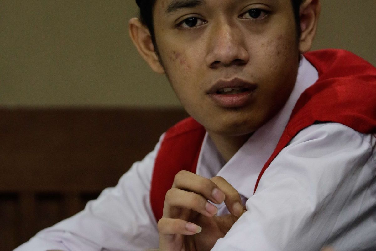 Lutfi Alfiandi (20), pemuda yang fotonya viral sedang menggenggam bendera Merah Putih saat kerusuhan di kawasan DPR, Jakarta, September 2019, menjalani sidang di Pengadilan Negeri Jakarta Pusat, Rabu (8/01/2020) siang.