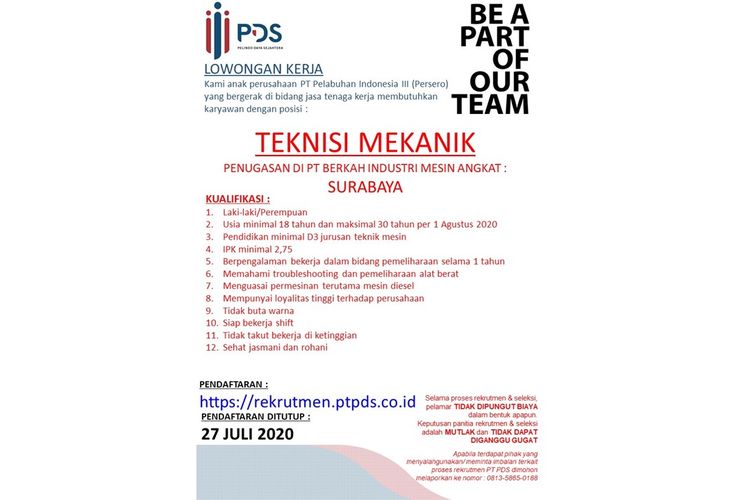 Lowongan pekerjaan di PT Pelindo Daya Sejahtera, anak perusahaan PT Pelindo III.