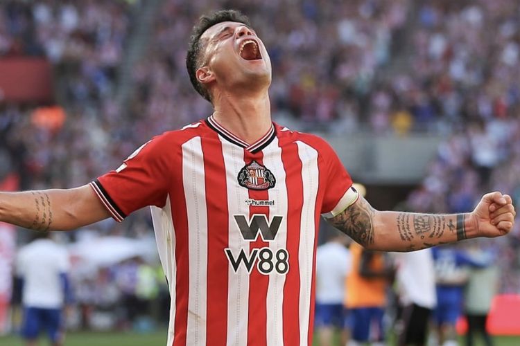 Ekspresi kegembiraan Granit Xhaka dalam laga pekan ke-38 Premier League 2025-2026 Sunderland vs Chelsea di Stadium of Light, Minggu (24/5/2026).