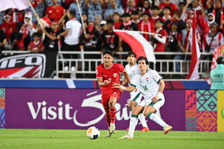 Aksi Marselino pada pertandingan Irak vs Indonesia dalam perebutan peringkat ketiga Piala Asia U23 2024 di Stadion Abdullah bin Khalifa, Doha, Qatar, Kamis (2/5/2024) pukul 22.30 WIB.