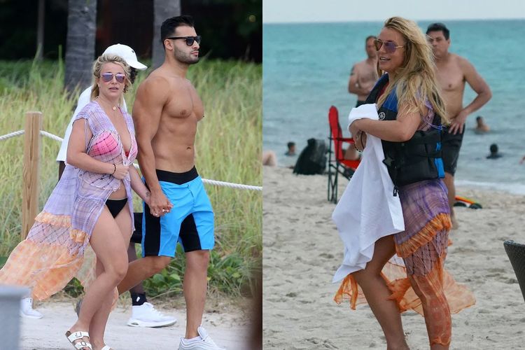 Britney Spears tertangkap kamera saat berjalan bersisian bersama kekasihnya Sam Asghari di pantai Miami, Amerika Serikat.