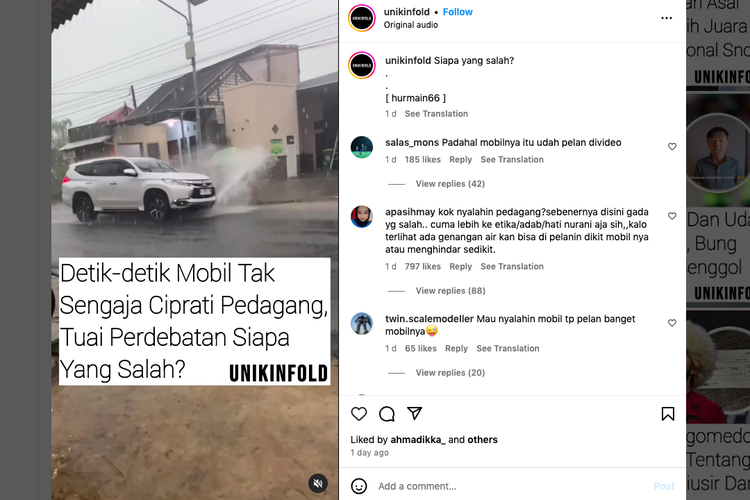 Pengemudi Mitsubishi Pajero Sport terabas genangan air shingga menciprati pedagang pinggir jalan.