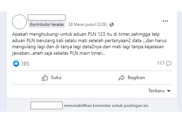 Tangkapan layar unggahan warganet di media sosial Facebook yang mengeluhkan adanya timer atau batasan waktu saat menghubungi kontak aduan PLN 123.
