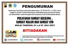 Selama PPKM Darurat, Pelayanan Samsat Keliling Klaten Ditutup