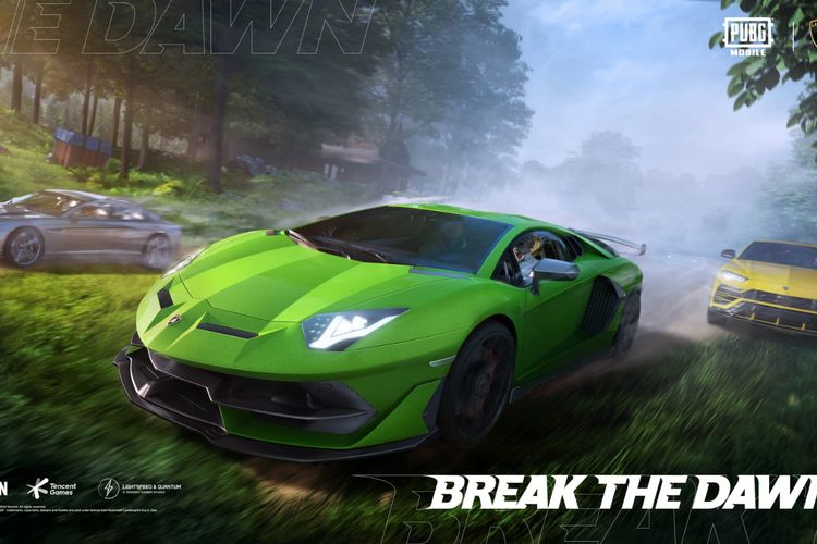 Ilustrasi mobil super sport Automobili Lamborghini dalam medan pertempuran PUBG Mobile.