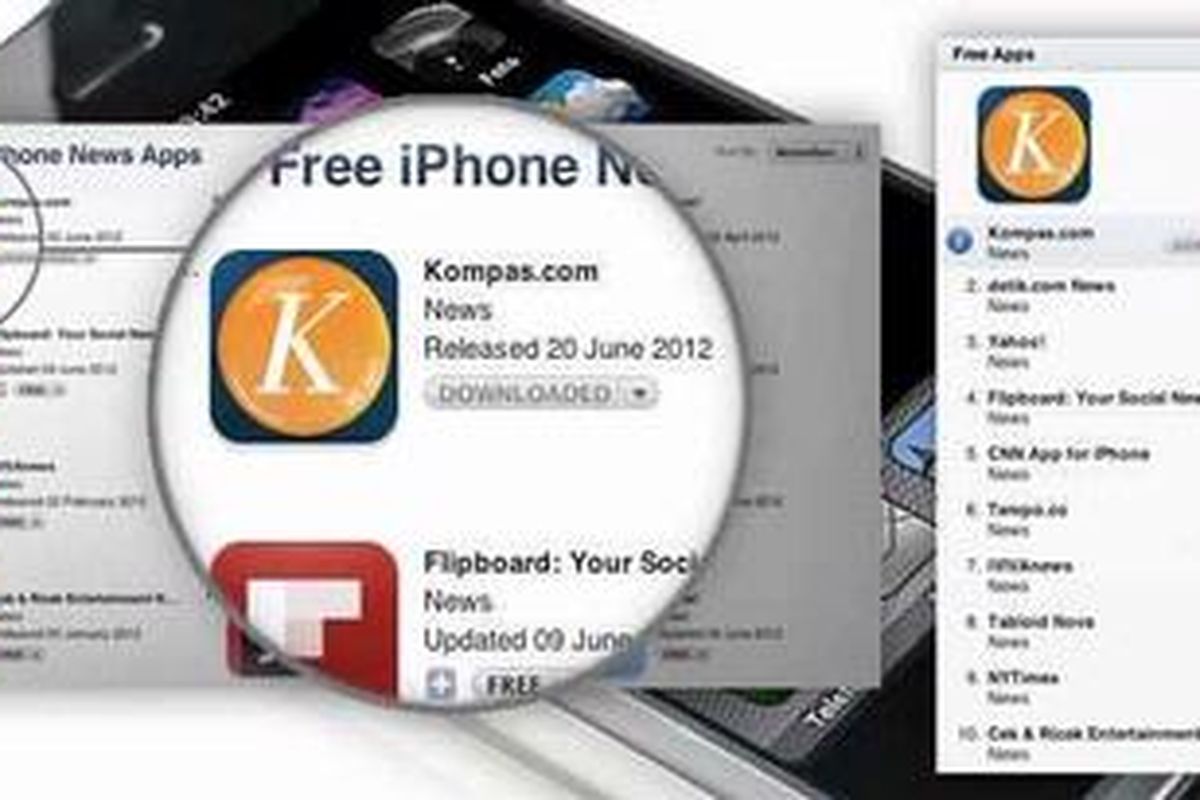 Aplikasi Kompas.com di iPhone paling teratas di App Store Indonesia untuk kategori Top Free iPhone News App.
