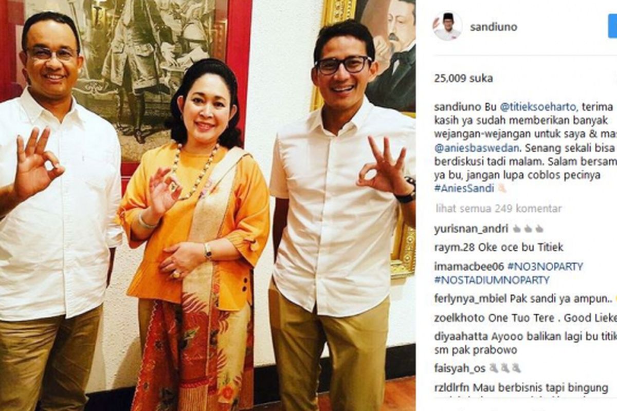 Pasangan calon nomor 3, Anies-Baswedan dan Sandiaga Uno berfoto bersama dengan Titiek Soeharto. 