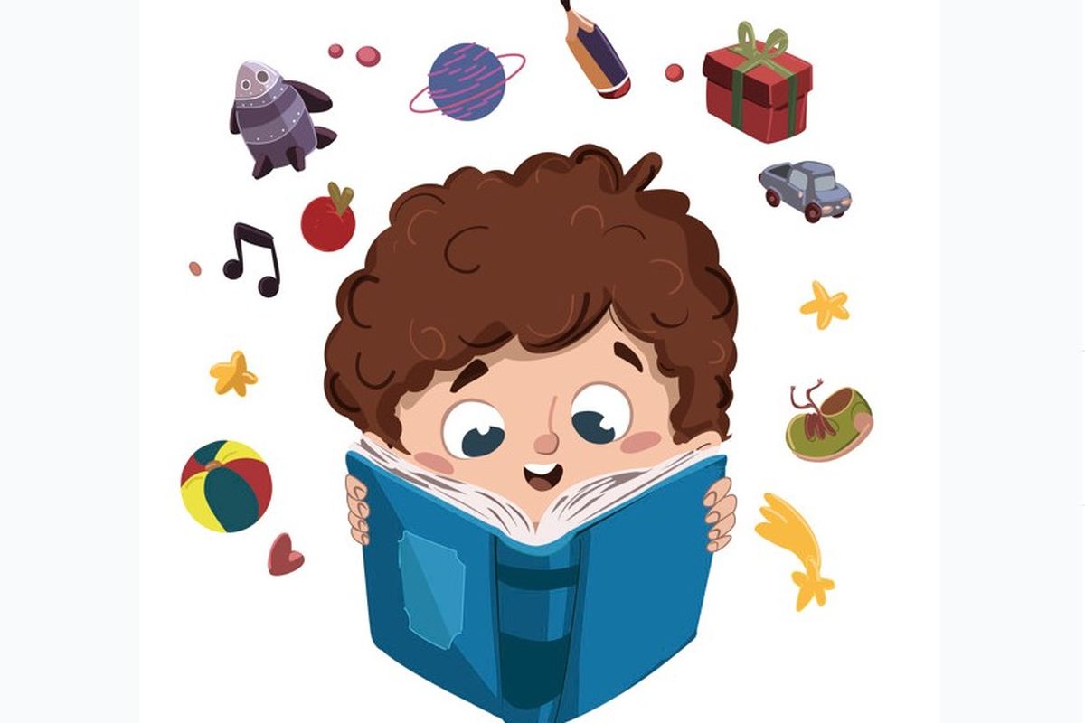 Ilustrasi anak membaca buku untuk mengembangkan imajinasi.
