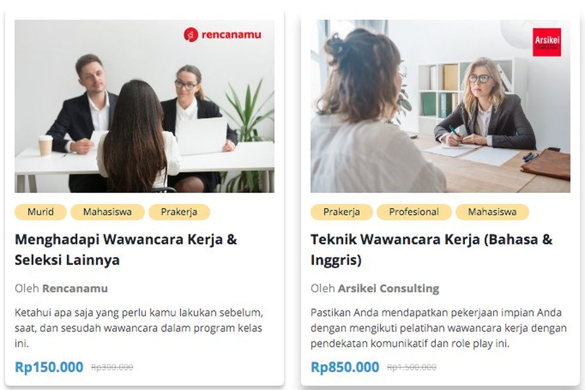 Tangkapan layar program pelatihan Kartu Prakerja di situs https://prakerja.sekolah.mu/