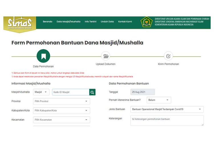 Tangkapan layar laman Kemenag untuk mendaftar bantuan untuk masjid dan mushala