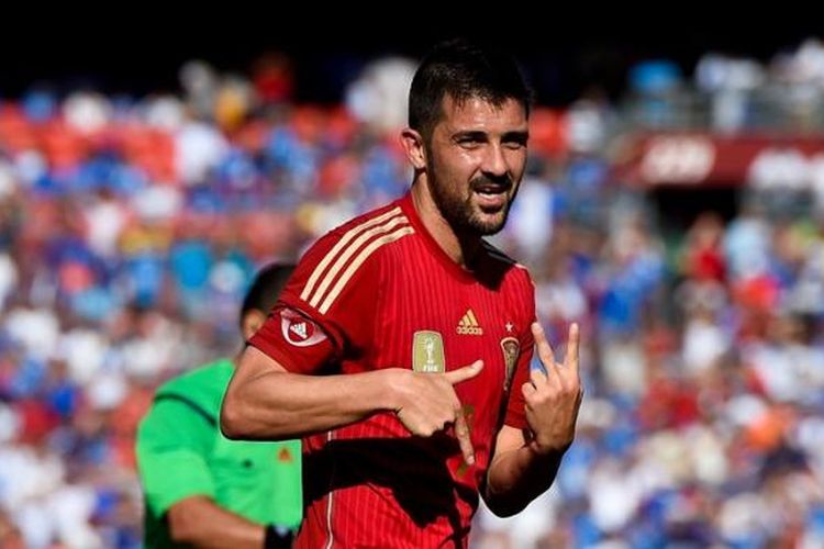 David Villa merayakan gol Spanyol ke gawang El Salvador pada partai uji coba di FedEdxField, 7 Juni 2014.