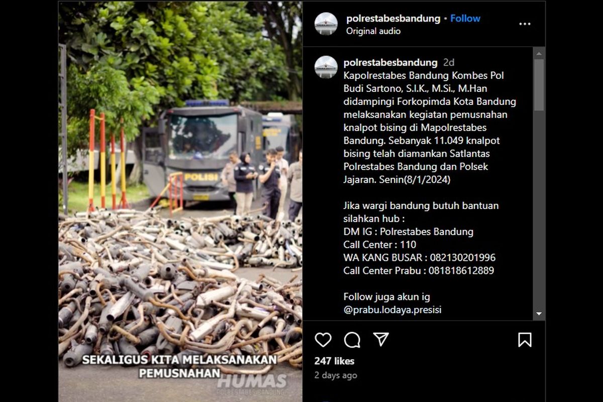 Belasan ribu knalpot bising atau knalpot brong yang disita Polrestabes Bandung dimusnahkan