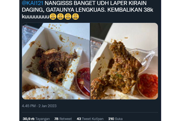Tangkapan layar twit dari penumpang yang merasa tertipu dengan salah satu lauk makanan yang dipesannya di dalam kereta.