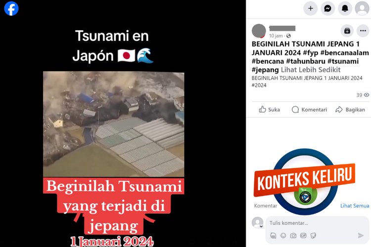 Tangkapan layar konten dengan konteks keliru di sebuah akun Facebook, Rabu (1/1/2024), menampilkan tampak atas tsunami Jepang pada Senin (1/1/2024).