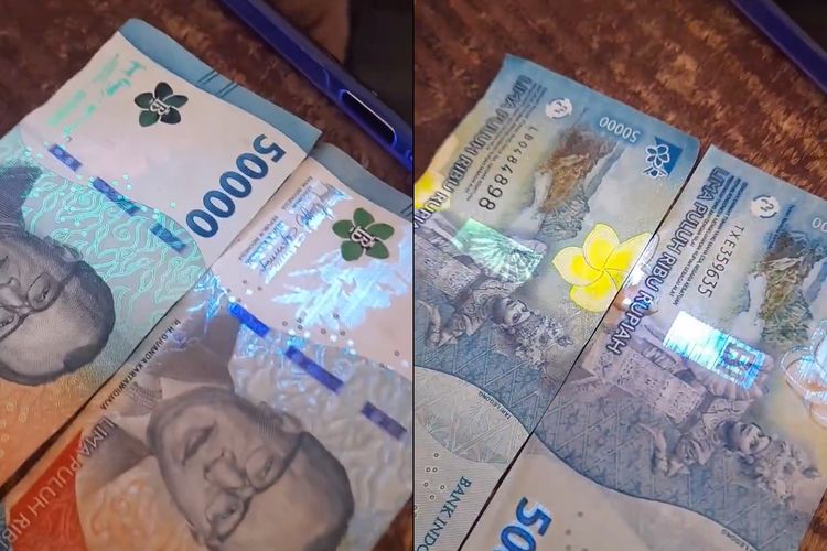 Tangkap layar video uang palsu UIN Alauddin Makassar yang bersinar saat disinari ultraviolet sehingga tampak mirip uang rupiah asli. Uang Palsu dari UIN Makassar Disebut Bisa Disetorkan ke Bank