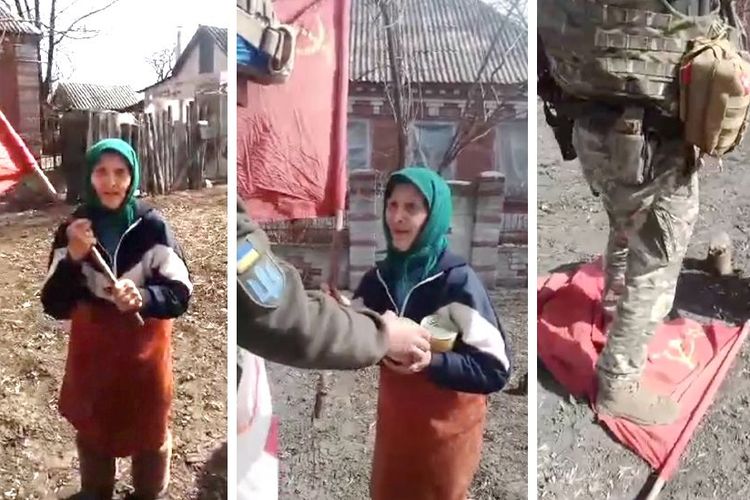 Foto-foto dari video yang viral ini menunjukkan pertemuan Babushka Z dengan tentara Ukraina.