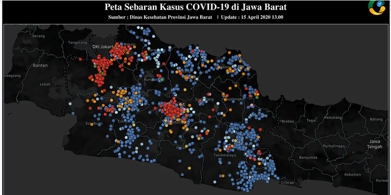 Peta sebaran kasus COVID-19 di Jawa Barat per 15 April 2020 pukul 13.00.
