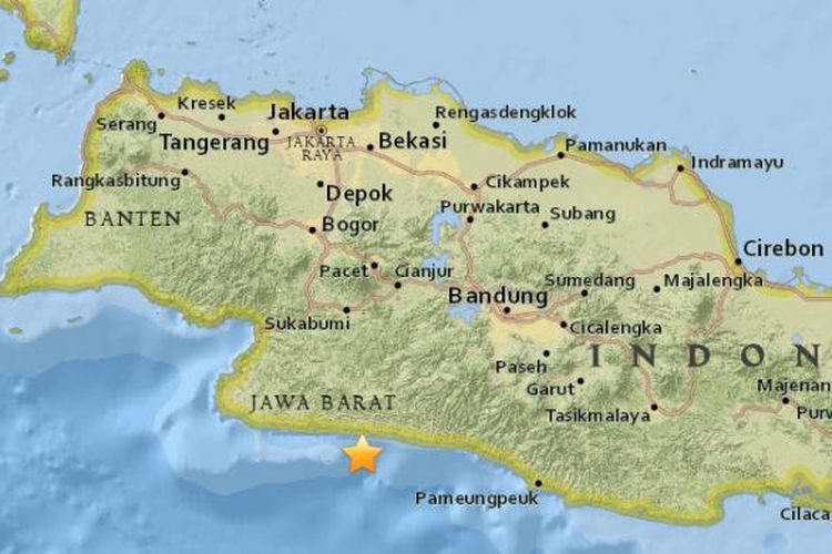 Pusat gempa yang terasa hingga ke Sukabumi, Jawa Barat, Rabu (8/2/2017) sore.