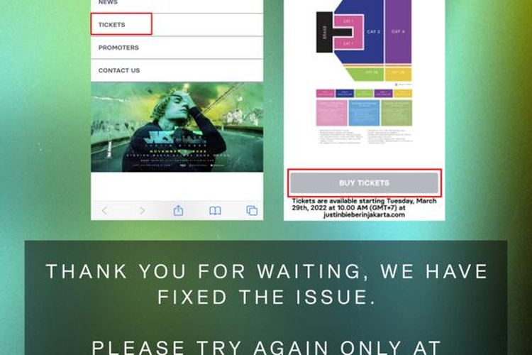 Pihak promotor konser Justin Bieber memastikan situs resmi penjualan tiket Justice World Tour sudah diperbaiki dan bisa kembali diakses oleh para pemburu tiket.