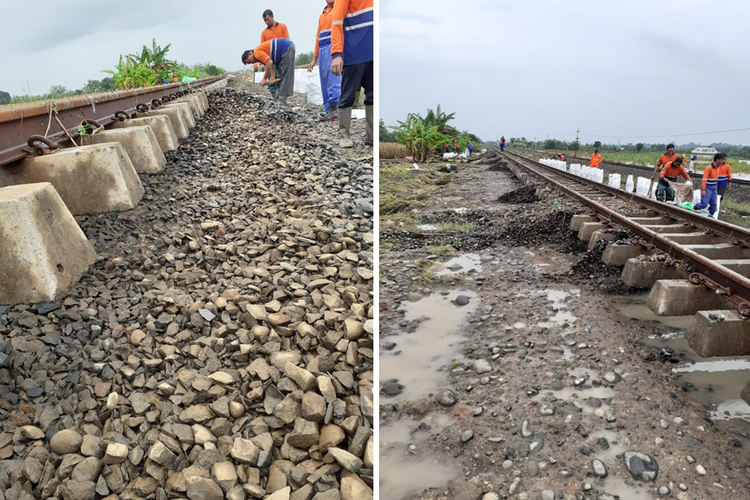 Kondisi jalur rel kereta api di wilayah Kota Semarang usai tergenang banjir.