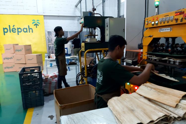 Pekerja mencetak lembar-lembar pelepah pinang untuk dijadikan pembungkus makanan