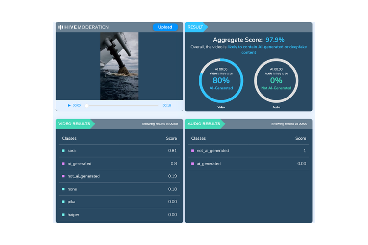 Hasil pemeriksaan Hive Moderation untuk video kapal pesiar buang limbah ke laut