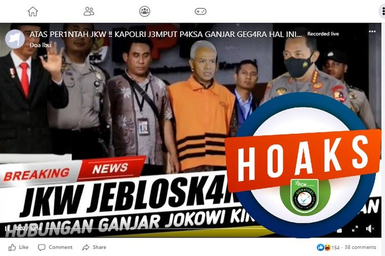Tangkapan layar Facebook narasi yang menyebut bahwa Jokowi menjebloskan Ganjar Pranowo ke penjara