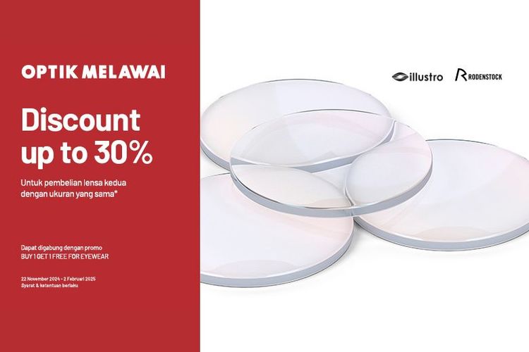 Nikmati promo spesial BUY 1 GET 1 FREE untuk setiap pembelian frame + lensa atau sunglasses di Optik Melawai. Promo ini berlaku mulai 22 November 2024 hingga 2 Februari 2025. 