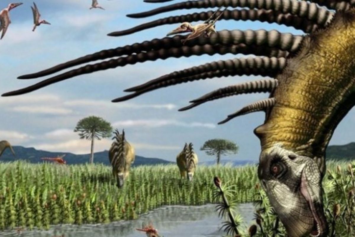Ilustrasi Bajadasaurus pronuspinax, dinosaurus jenis baru yang ditemukan di Argentina pada 2013. Sangat unik, mereka memiliki punggung berduri dengan gaya mohawk.