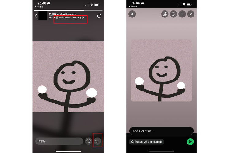 Ilustrasi cara repost Story WA pada Status dari pengguna lain yang mention nama kita.