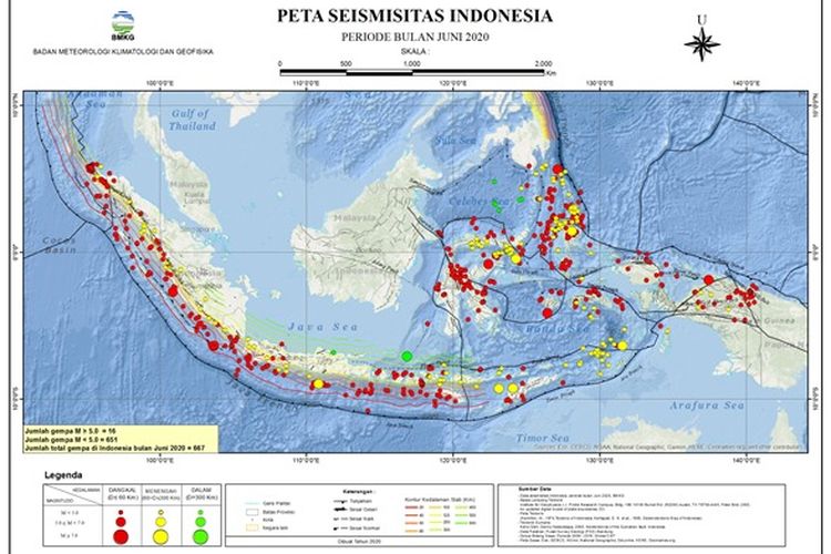 Peta persebaran gempa tektonik di Indonesia selama Juni 2020