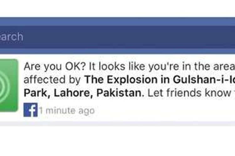 Safety Check Facebook terkait peristiwa pengeboman di Lahore, Pakistan, Minggu (27/3/2016).