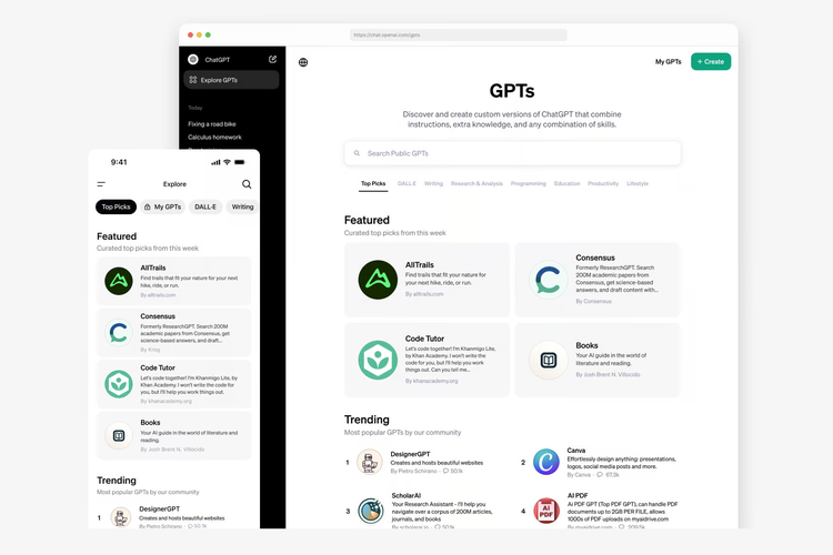 Tampilan GPT Store dari OpenAI. Di GPT Store, kreator bisa membagikan link ChatGPT versi kustom mereka untuk digunakan oleh pengguna lainnya.
