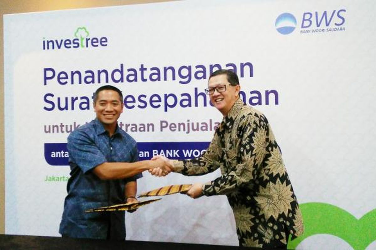 Acara penandatangan surat kesepahaman kemitraan penjualan antara Investree dan Bank Woori Saudara di Veranda Hotel, Jakarta Selatan, Selasa (24/1/2017).