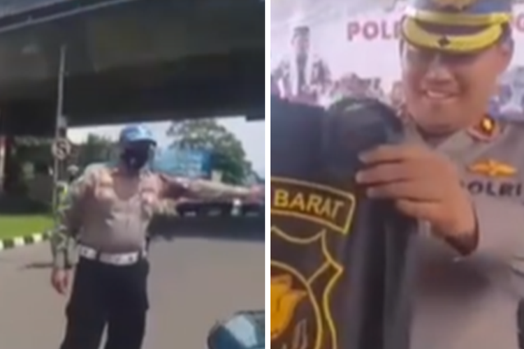 Tangkapan layar unggahan video yang memperlihatkan pengendara motor membaca doa ketika hendak melintas di hadapan sejumlah polisi lalu lintas atau polantas karena mengira akan ditilang. Ternyata, pengendara motor tersebut diberikan bingkisan oleh seorang anggota polantas yang lain. Ia kemudian diminta melanjutkan perjalanannya.