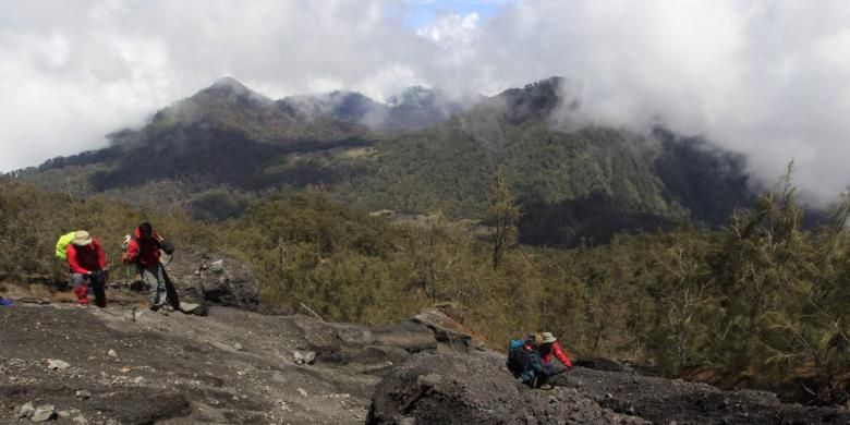 Tim Ekspedisi Cincin Api Kompas merambat menyeberangi aliran lahar di lereng Gunung Gunung Semeru, Lumajang, Jawa Timur, untuk mencari keberadaan arca kembar (Arcopodo), Kamis (17/11/2011). Tim berhasil menemukan Arcopodo, yang telah dikabarkan hilang. Letak Arcopodo bukan di Pos Arcopodo di jalur pendakian. KOMPAS IMAGES/FIKRIA HIDAYAT