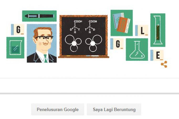 Laman pencarian Google, Kamis (7/9/2017), menampilkan doodle Sir John Cornforth