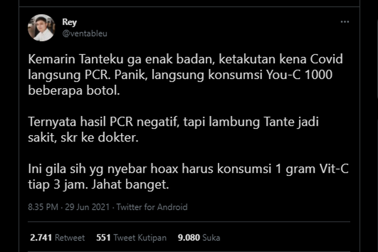 Tangkapan layar soal twit yang menyebutkan seseorang konsumsi vitamin C 1.000 mg tiap 3 jam untuk daya tahan tubuh.