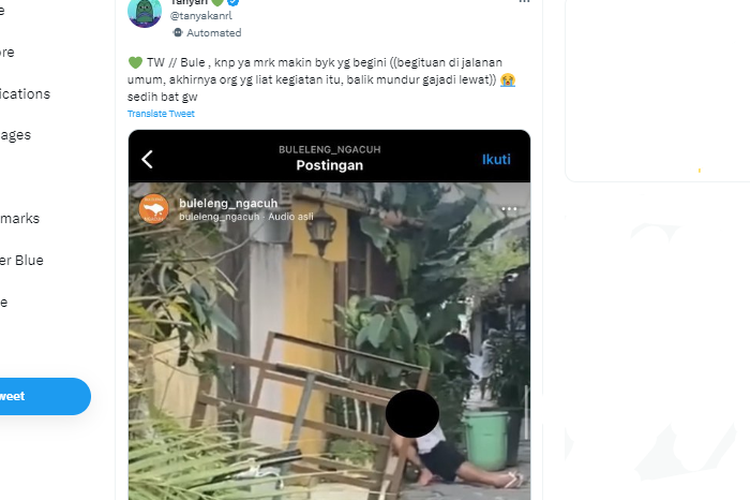 Tangkapan layar twit soal turis asing berbuat tidak senonoh di jalan umum