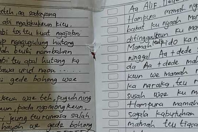 Secarik surat yang ditemukan di rumah kontrakan tempat ketiga jenazah ditemukan tan bernyawa di Kecamatan Banjaran, Kabupaten Bandung, Jawa Barat, Jumat (5/9/2025)