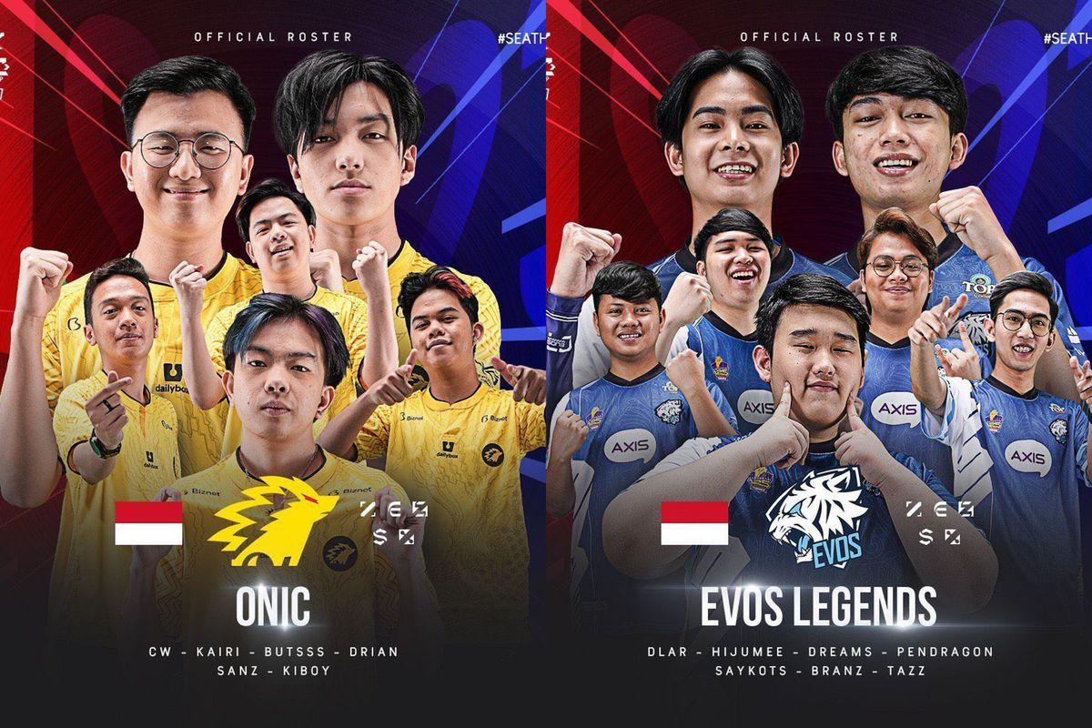 Ilustrasi roster Onic Esports dan Evos Legends untuk MLBB Southeast Asia Cup 2023 atau MSC 2023.