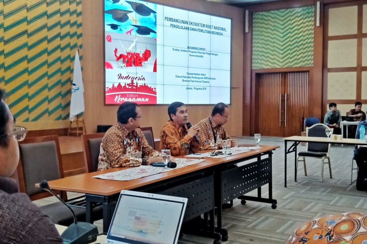 Diskusi Pembangunan Ekosistem Riset Nasional, Pengelola Dana Penelitian Indonesia yang digelar Kemenristekdikti bersama ilmuwan diaspora SCKD di Gedung Kemenristekdikti di Jakarta (19/8/2019).