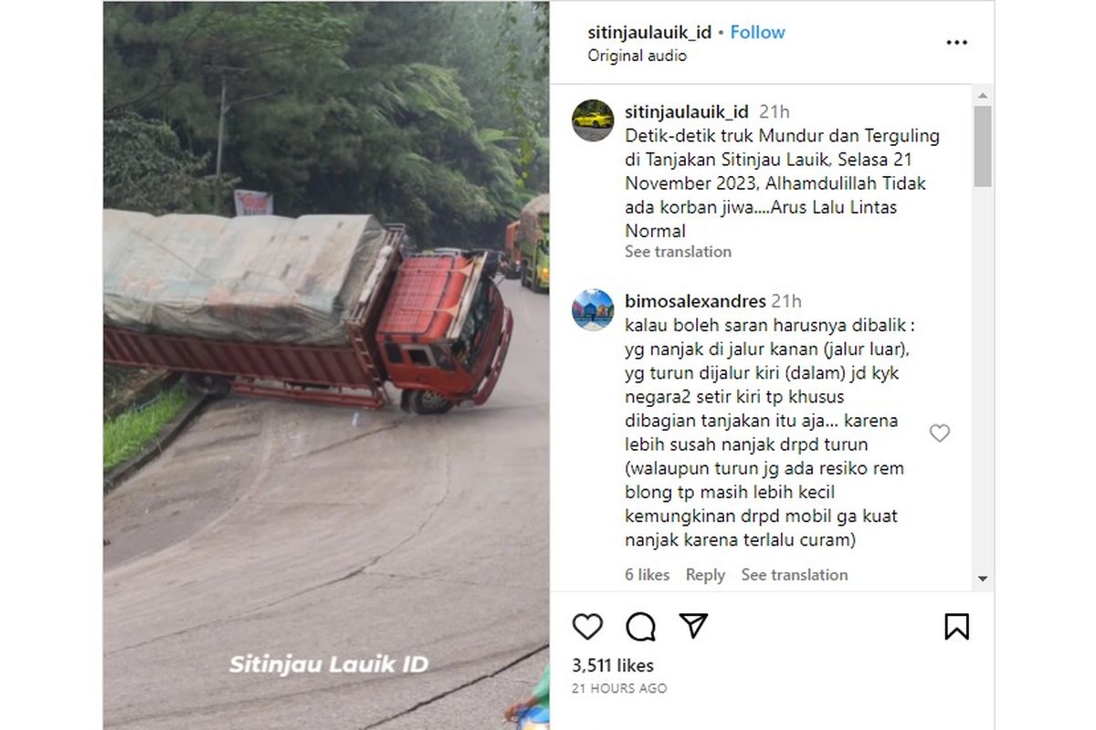 Kecelakaan truk bermuatan terbalik saat gagal menanjak di tanjakan Sitinjau Lauik