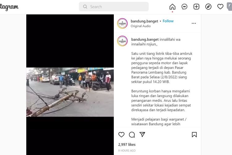 PT Perusahaan Listrik Negara (Persero) mengkonfirmasi adanya tiang listrik yang roboh di Pasar Panorama Lembang, Bandung pada Selasa (2/8/2022) pukul 16.00 WIB. Robohnya tiang listrik ini sempat viral di media sosial lantaran terjadi di tengah-tengah-tengah pasar dan ada satu korban luka ringan di peristiwa ini.