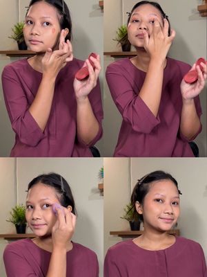 Model yang sedang melakukan step pada tahapan makeup sederhana, Jakarta Barat, Kamis (07/03/2024).