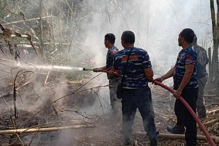 Petugas BPBD Bangli saat berupaya memadamkan api dalam peristiwa kebakaran di hutan bambu Desa Wisata Penglipuran, Kabupaten Bangli, Bali terbakar, Selasa (29/8/2023) sore. /Dok. BPBD Bangli